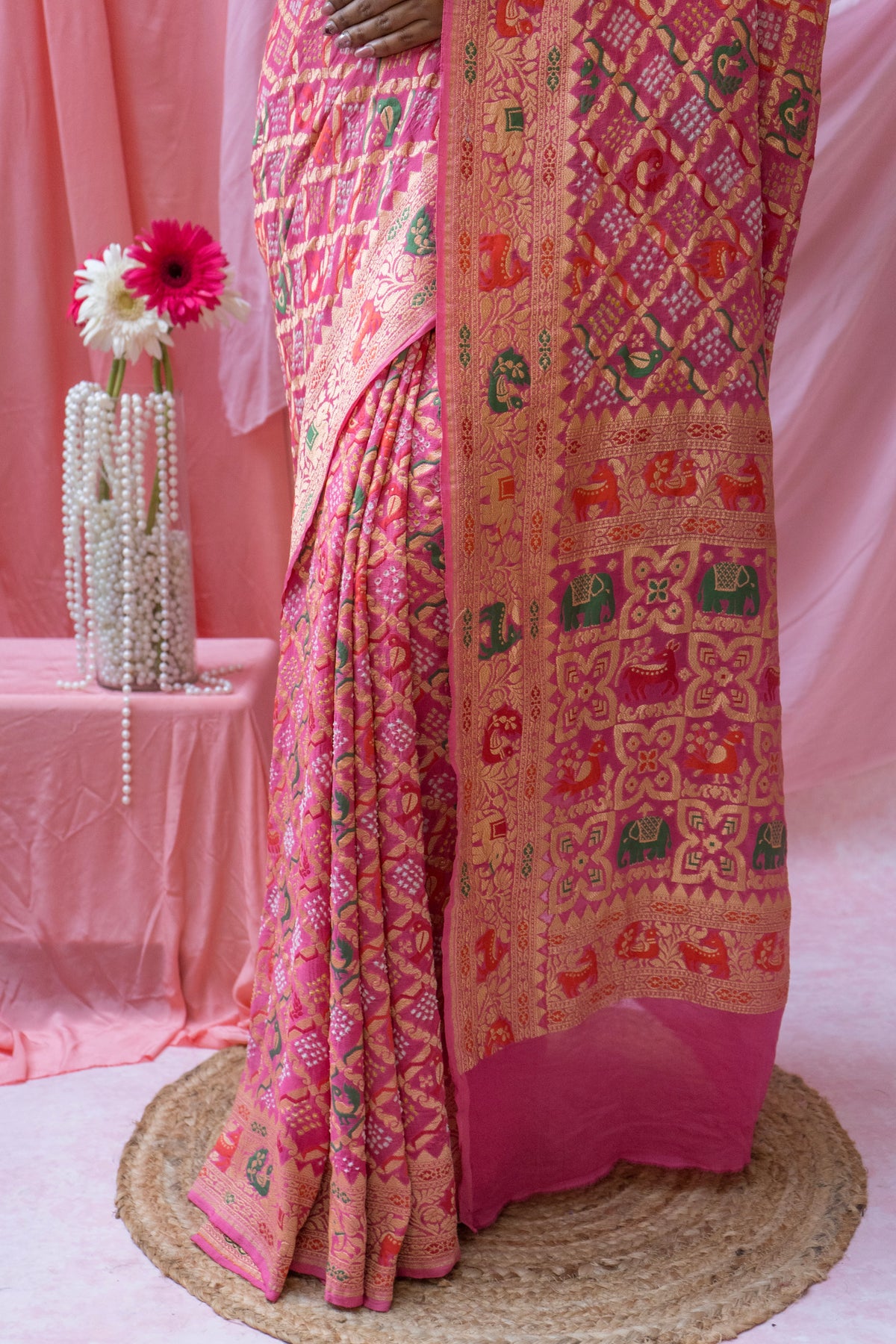 Georgette Figure Weaving Meenakari Pink Bandhej Saree
