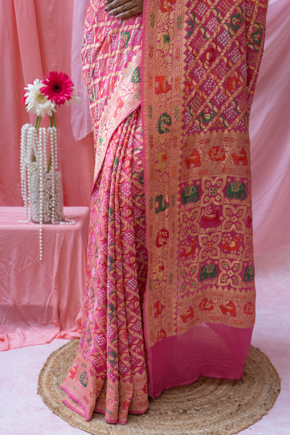 Georgette Figure Weaving Meenakari Pink Bandhej Saree
