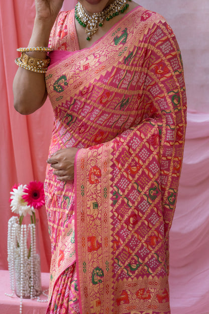 Georgette Figure Weaving Meenakari Pink Bandhej Saree