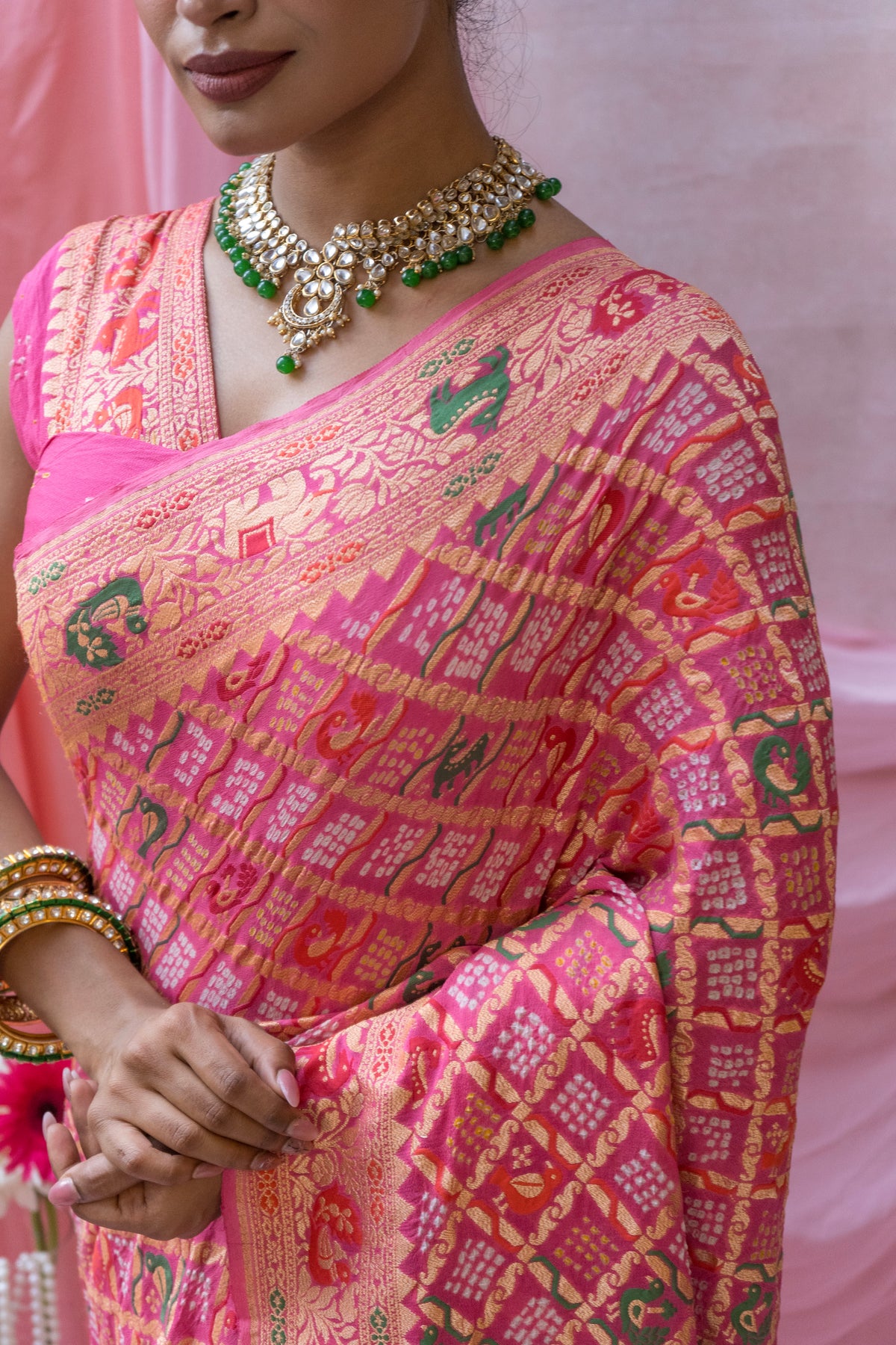 Georgette Figure Weaving Meenakari Pink Bandhej Saree