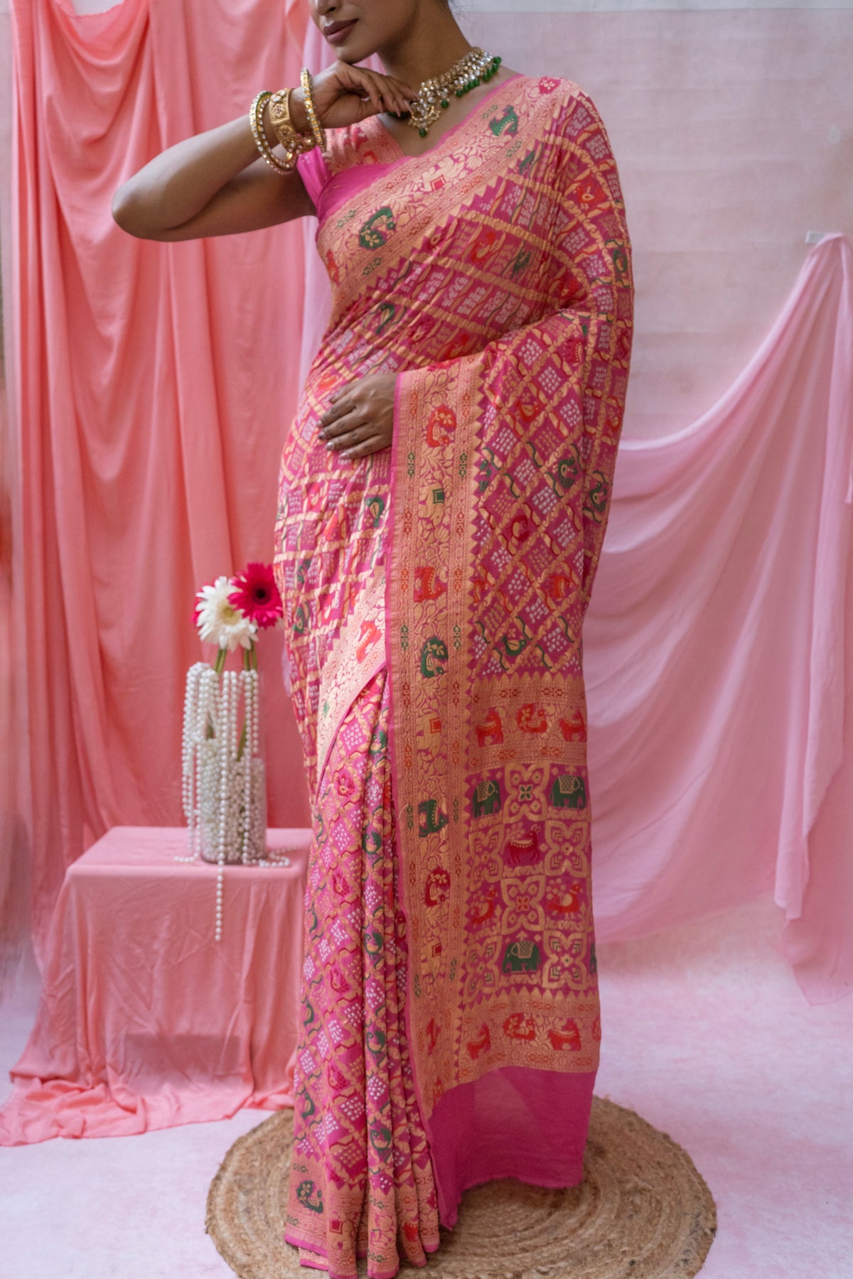 Georgette Figure Weaving Meenakari Pink Bandhej Saree