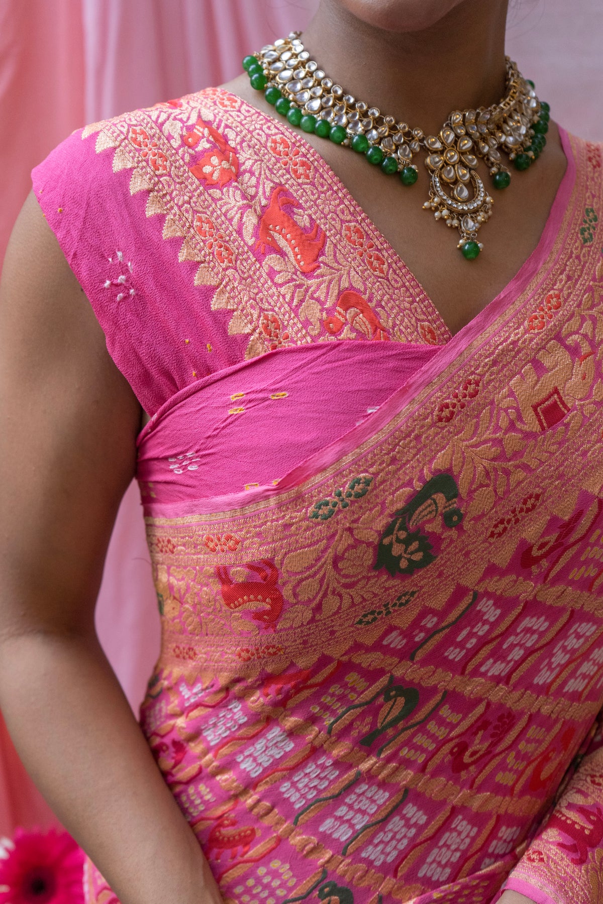 Georgette Figure Weaving Meenakari Pink Bandhej Saree