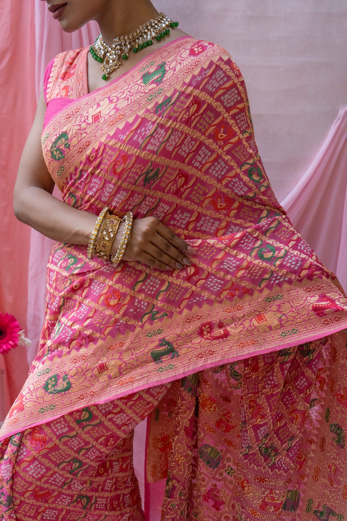Georgette Figure Weaving Meenakari Pink Bandhej Saree
