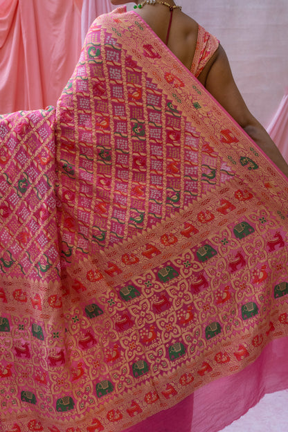 Georgette Figure Weaving Meenakari Pink Bandhej Saree