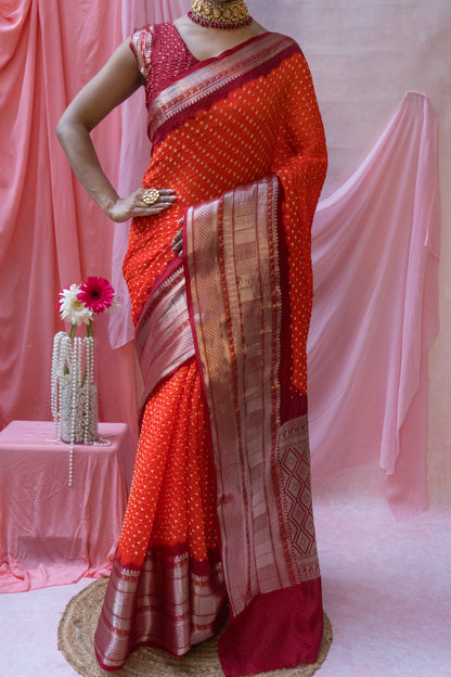 Kota Kanjeevaram Border Palla Orange-Red Bandhej Saree