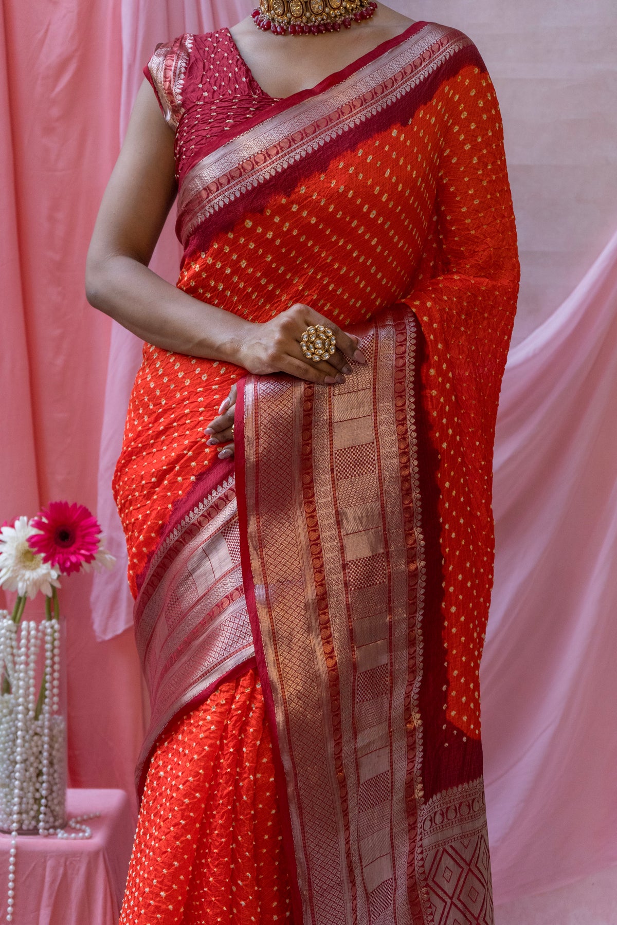 Kota Kanjeevaram Border Palla Orange-Red Bandhej Saree