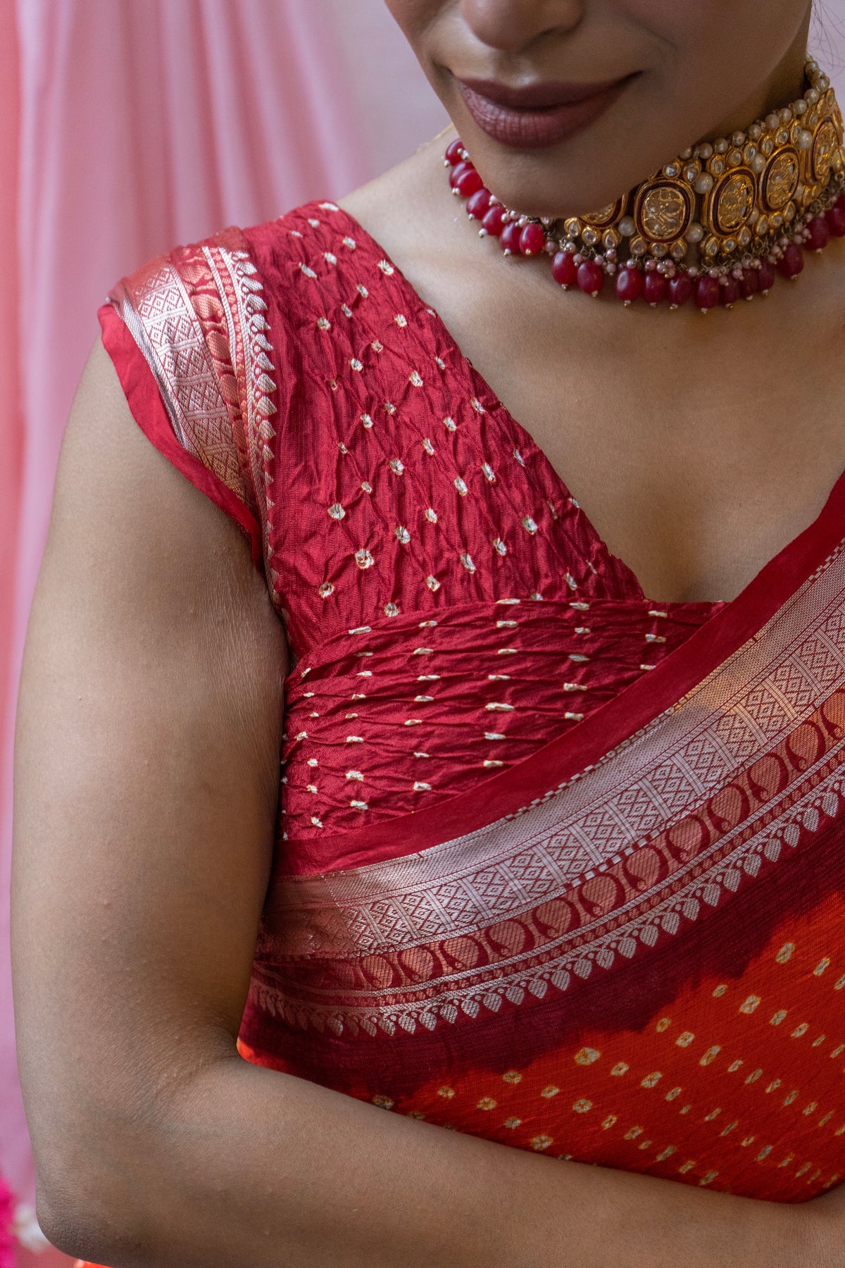 Kota Kanjeevaram Border Palla Orange-Red Bandhej Saree