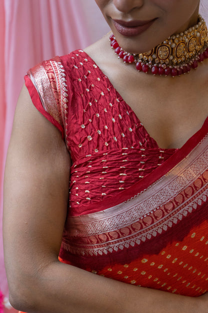 Kota Kanjeevaram Border Palla Orange-Red Bandhej Saree