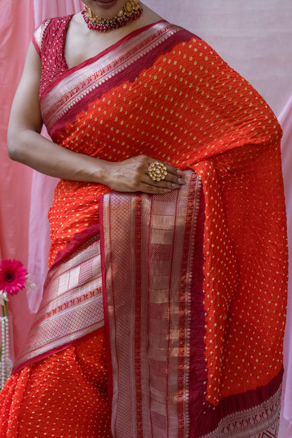 Kota Kanjeevaram Border Palla Orange-Red Bandhej Saree