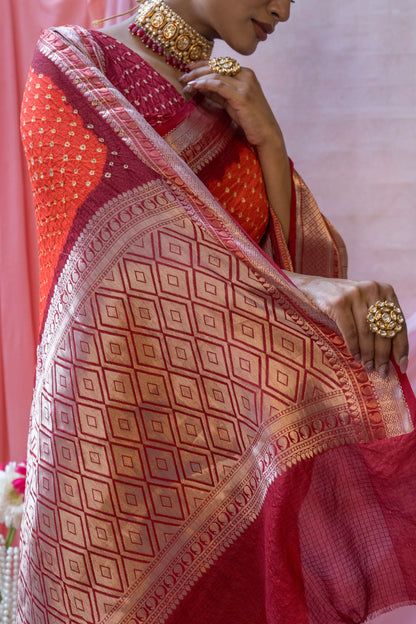 Kota Kanjeevaram Border Palla Orange-Red Bandhej Saree