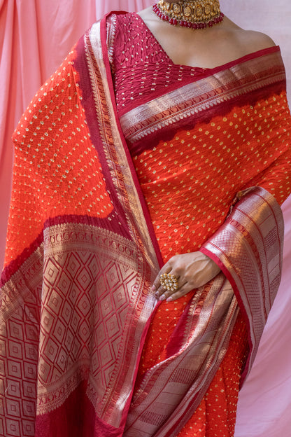 Kota Kanjeevaram Border Palla Orange-Red Bandhej Saree