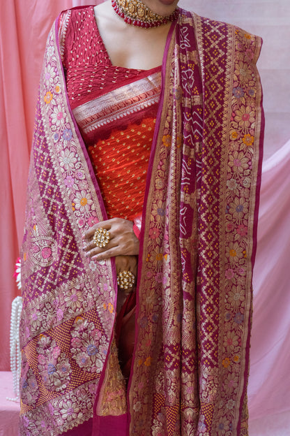 Kota Kanjeevaram Border Palla Orange-Red Bandhej Saree