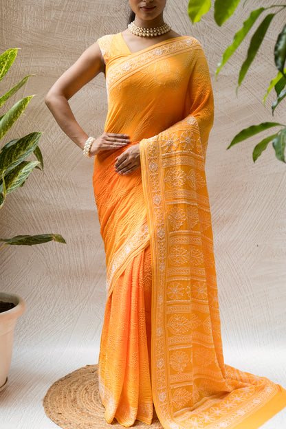 Georgette Ombre Orange Lucknowi Bandhej Saree