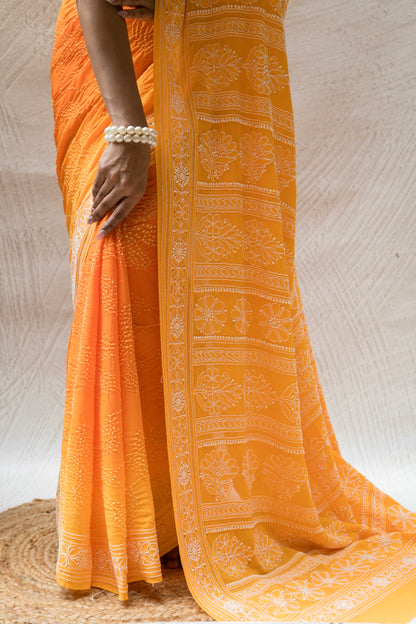 Georgette Ombre Orange Lucknowi Bandhej Saree