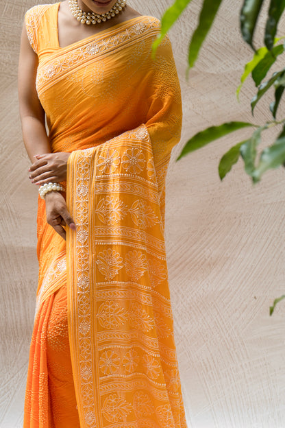 Georgette Ombre Orange Lucknowi Bandhej Saree