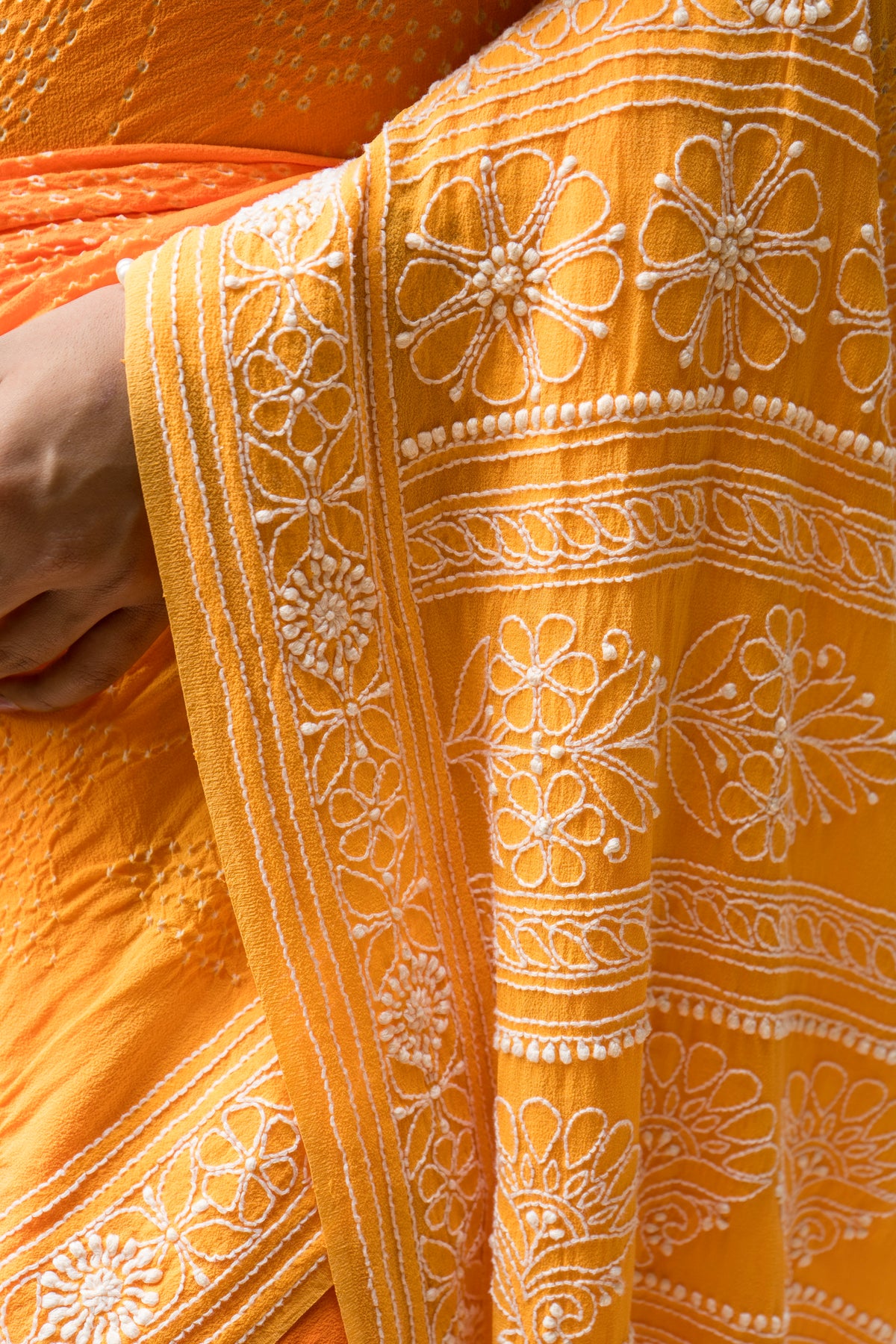 Georgette Ombre Orange Lucknowi Bandhej Saree