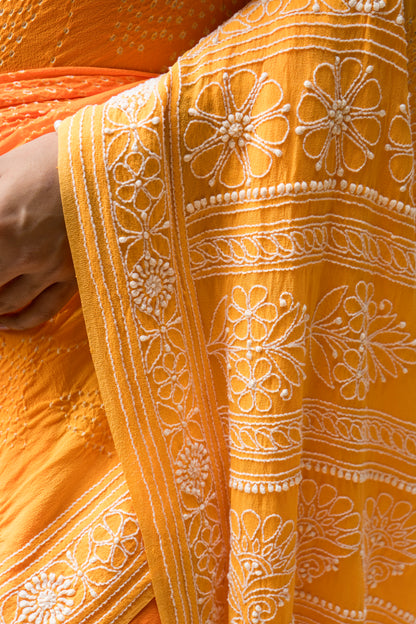 Georgette Ombre Orange Lucknowi Bandhej Saree