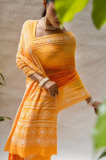 Georgette Ombre Orange Lucknowi Bandhej Saree