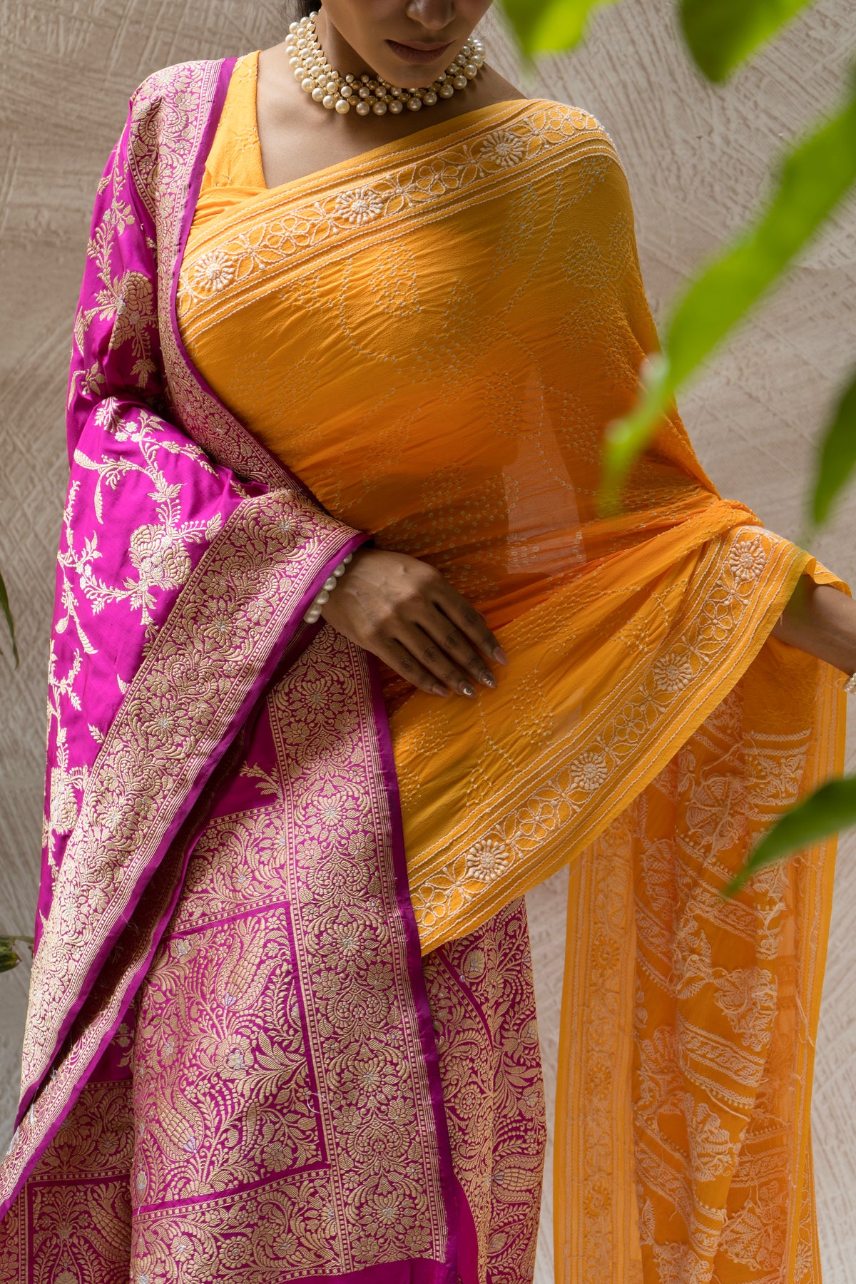 Georgette Ombre Orange Lucknowi Bandhej Saree