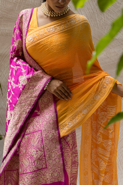 Georgette Ombre Orange Lucknowi Bandhej Saree