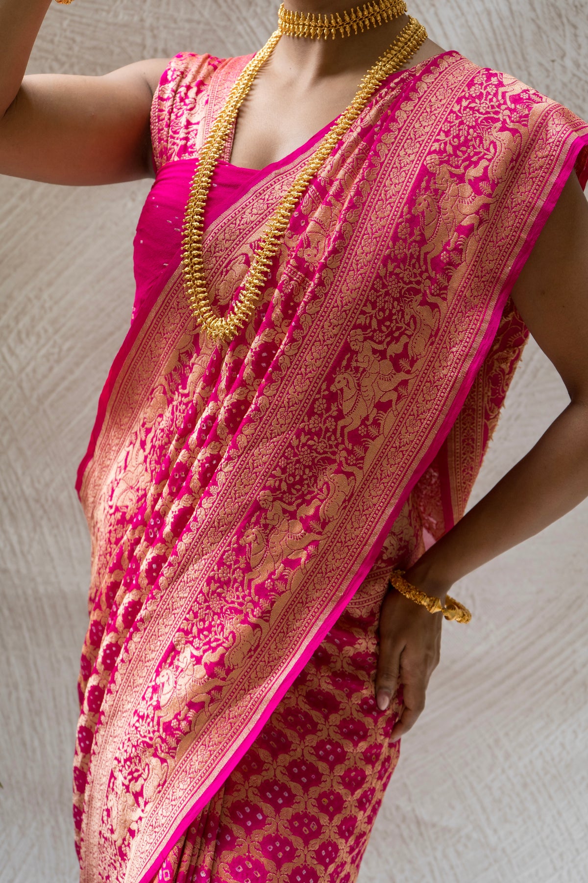 Georgette Neemzari Jaal Rani Bandhej Saree