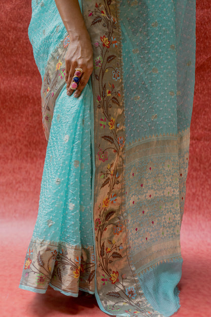Kota Doria Paithani Meenakari Aasmani Bandhej Saree