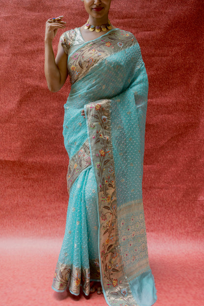 Kota Doria Paithani Meenakari Aasmani Bandhej Saree