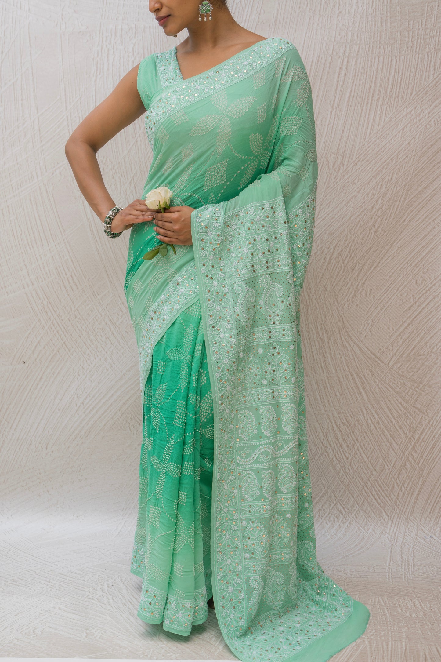 Georgette Lucknowi Mukaish Ombre Sea Green Bandhej Saree