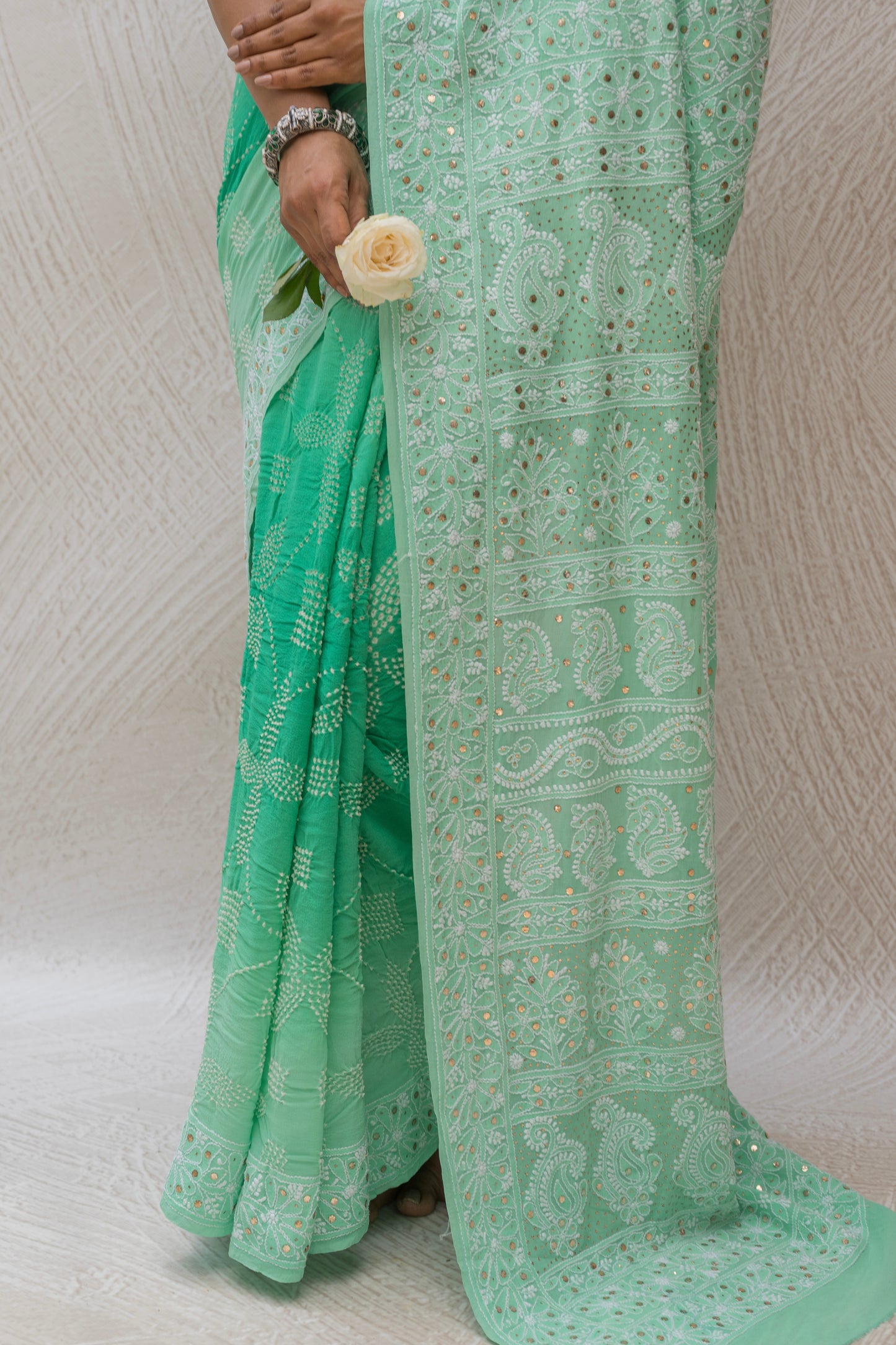 Georgette Lucknowi Mukaish Ombre Sea Green Bandhej Saree