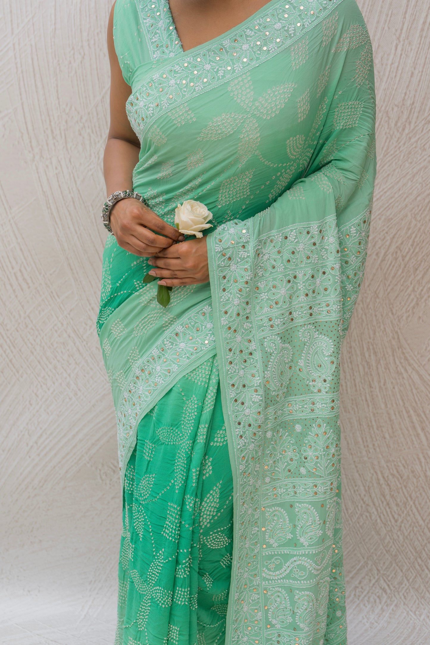 Georgette Lucknowi Mukaish Ombre Sea Green Bandhej Saree