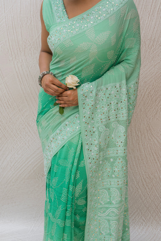 Georgette Lucknowi Mukaish Ombre Sea Green Bandhej Saree