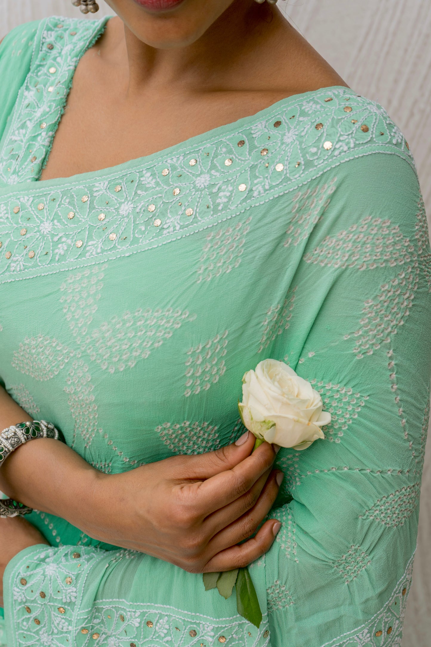 Georgette Lucknowi Mukaish Ombre Sea Green Bandhej Saree