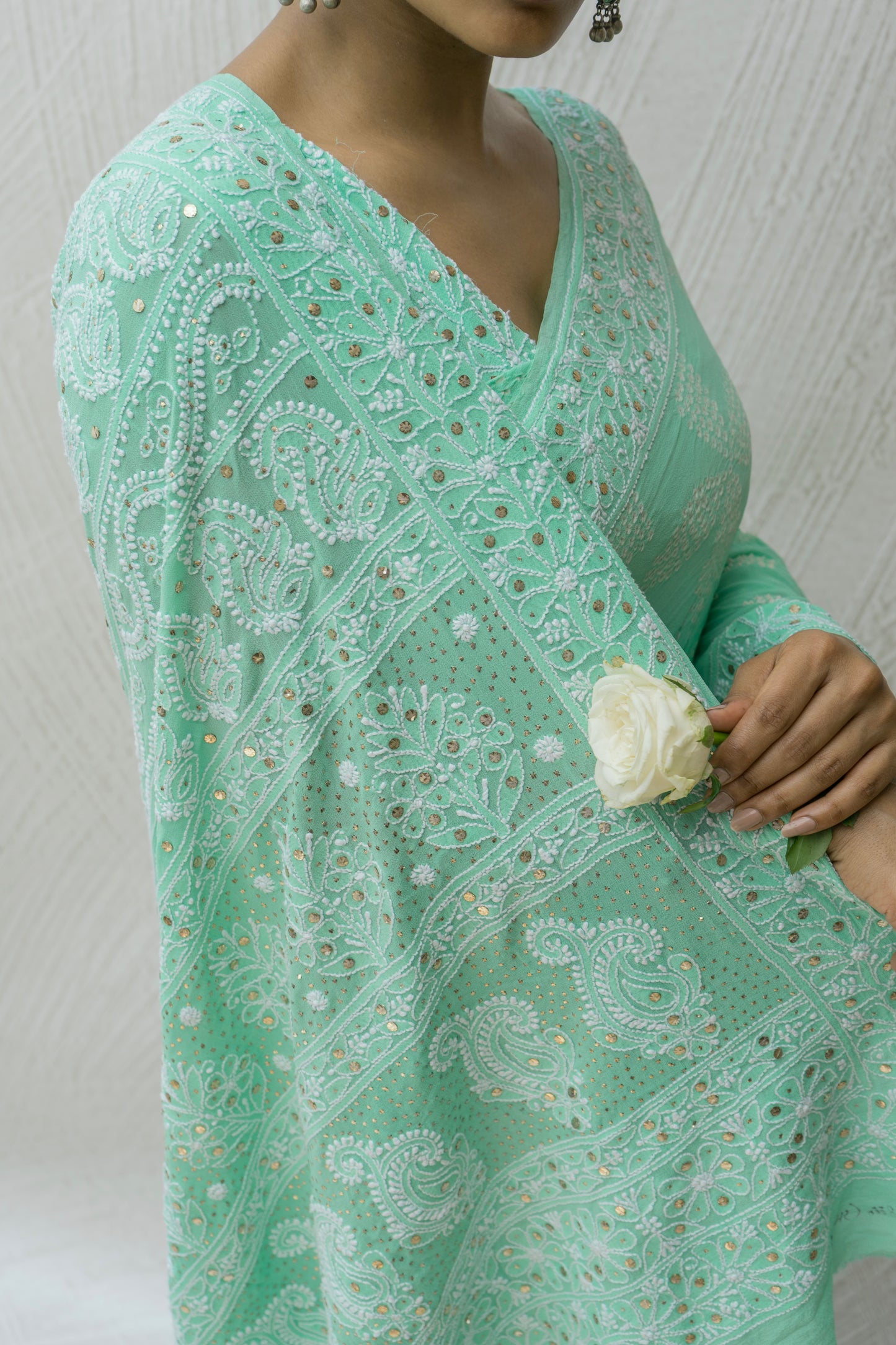Georgette Lucknowi Mukaish Ombre Sea Green Bandhej Saree