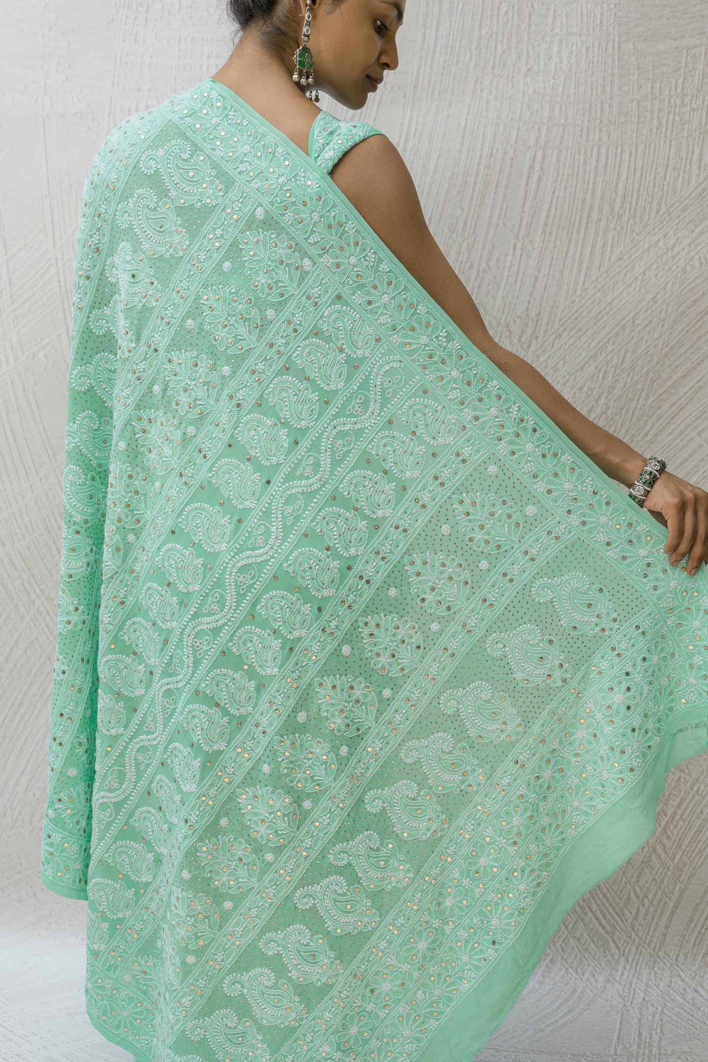 Georgette Lucknowi Mukaish Ombre Sea Green Bandhej Saree