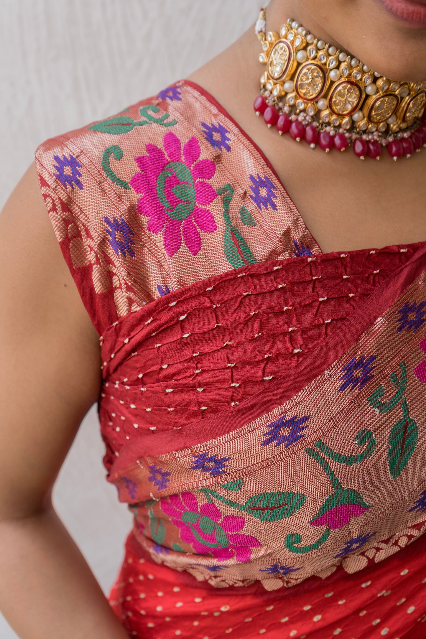 Chiniya Silk Skirt Paithani Border Red Bandhej Saree