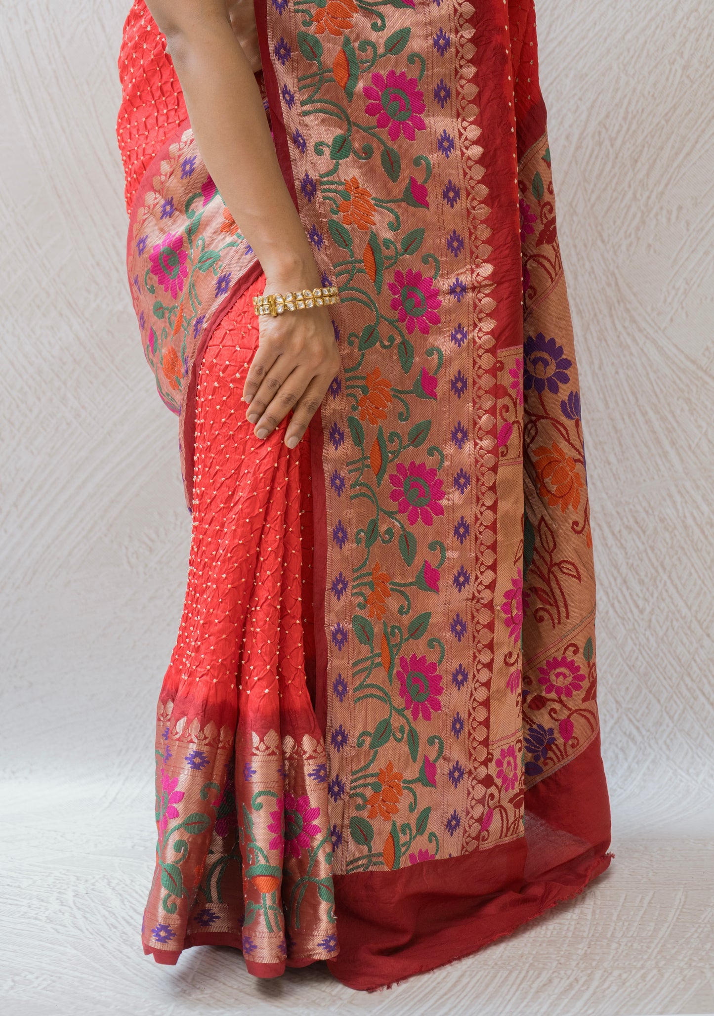 Chiniya Silk Skirt Paithani Border Red Bandhej Saree
