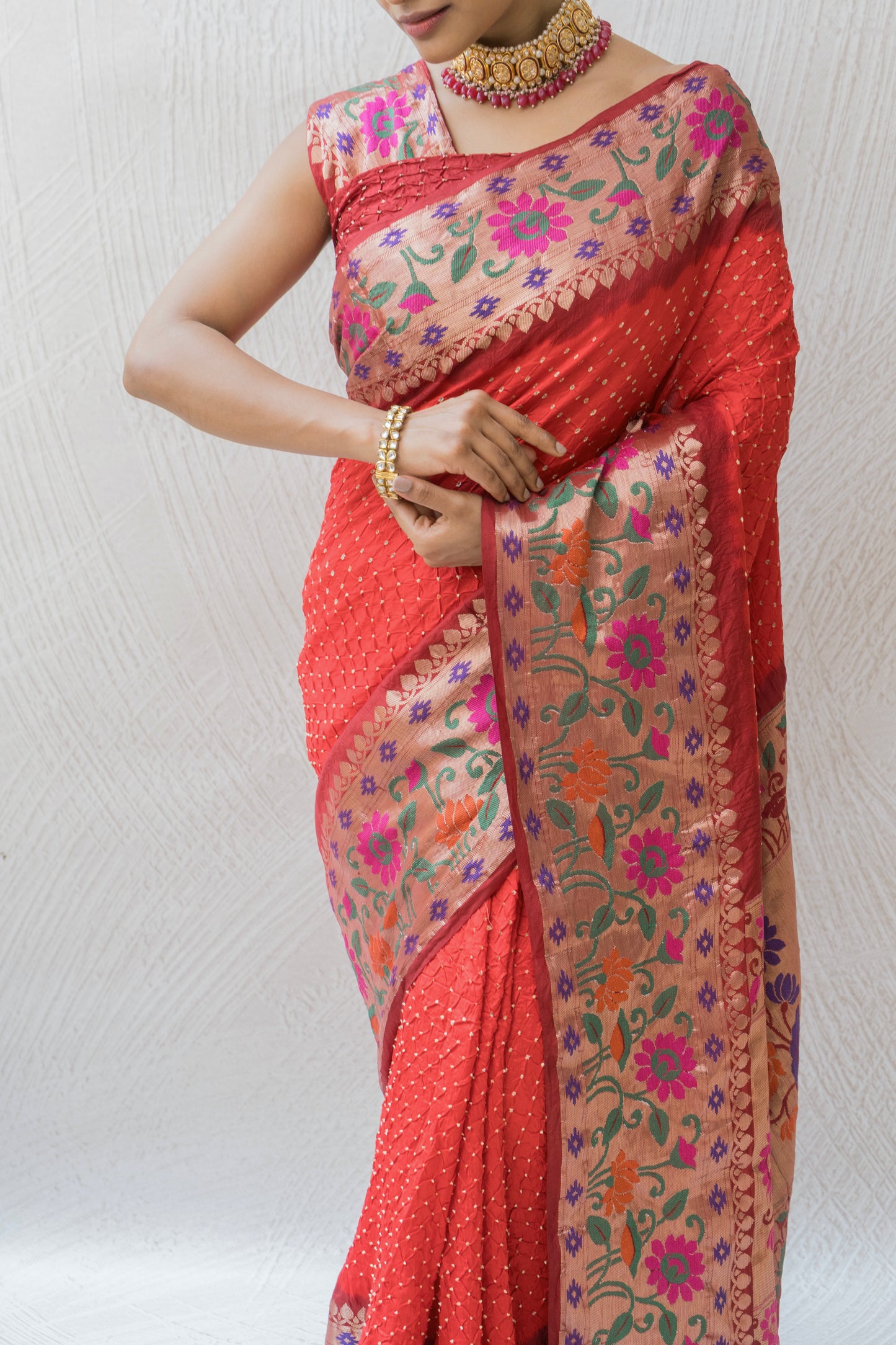 Chiniya Silk Skirt Paithani Border Red Bandhej Saree