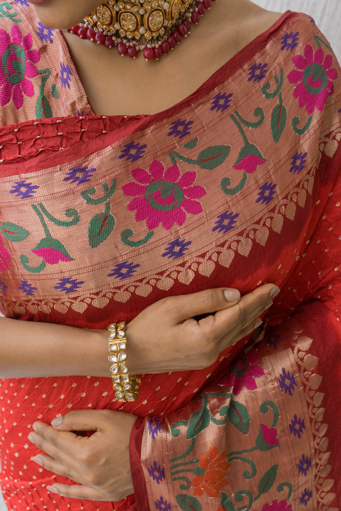 Chiniya Silk Skirt Paithani Border Red Bandhej Saree