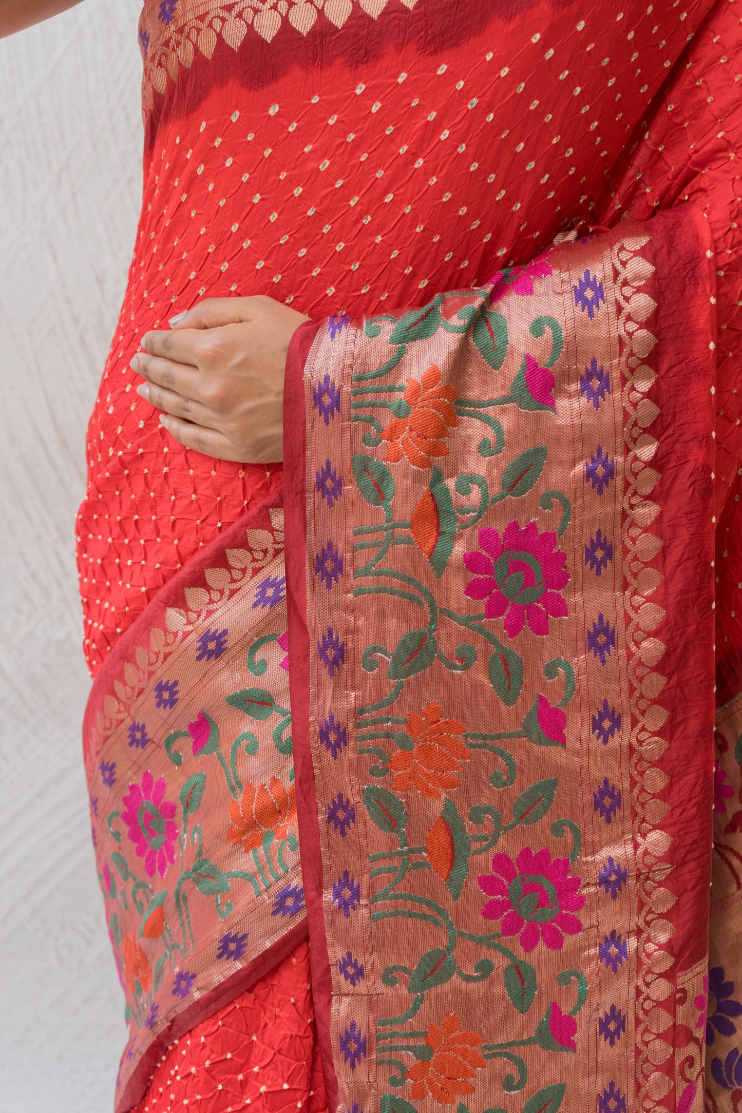 Chiniya Silk Skirt Paithani Border Red Bandhej Saree