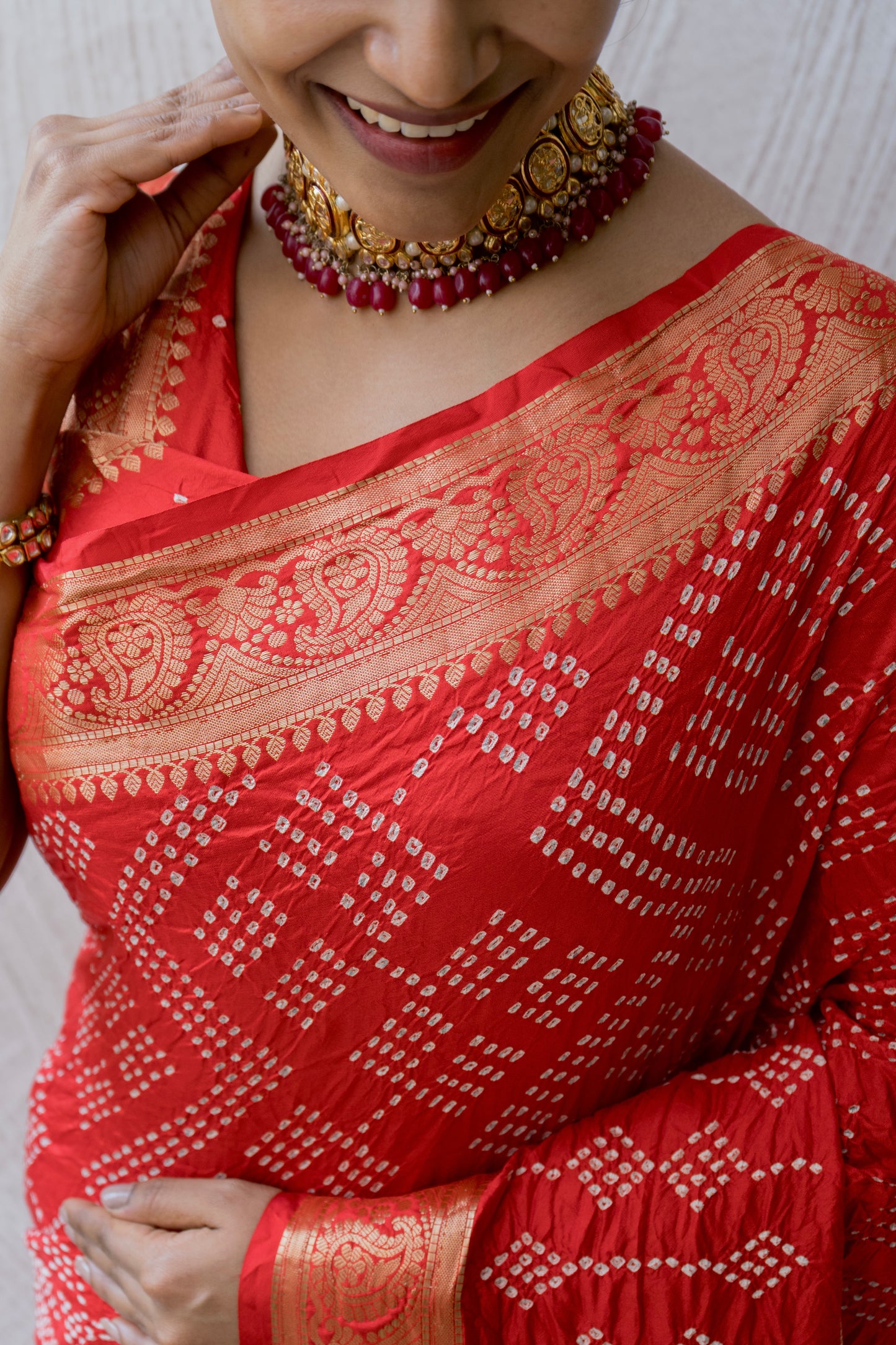 Chiniya Double Border Red Bandhej Saree