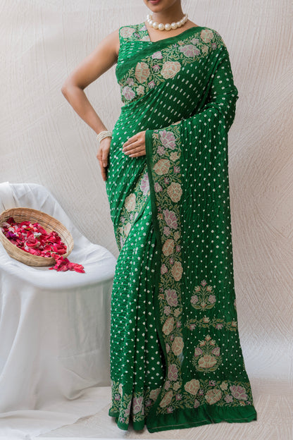 Chiniya Embroidered Green Bandhej Saree