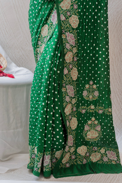 Chiniya Embroidered Green Bandhej Saree