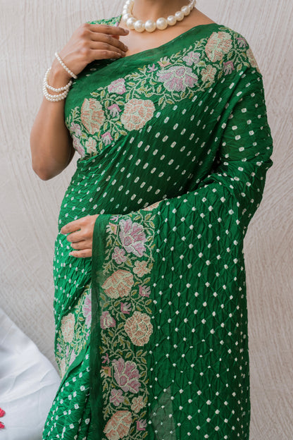 Chiniya Embroidered Green Bandhej Saree