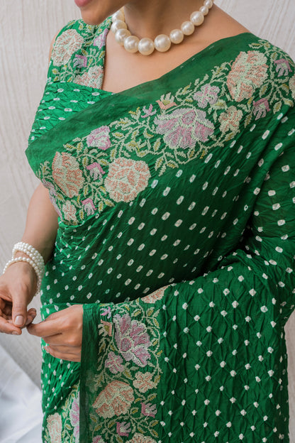 Chiniya Embroidered Green Bandhej Saree