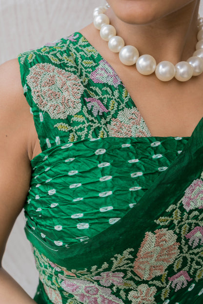 Chiniya Embroidered Green Bandhej Saree