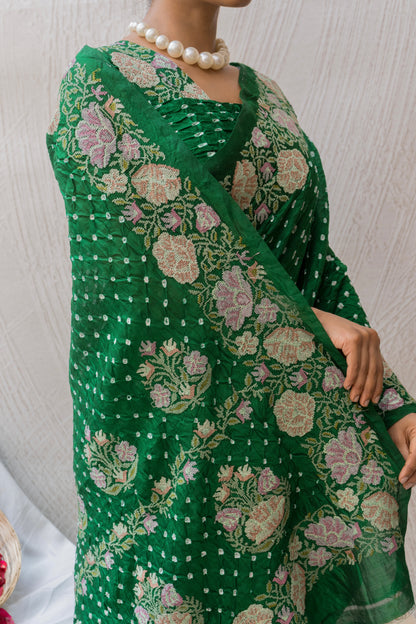 Chiniya Embroidered Green Bandhej Saree