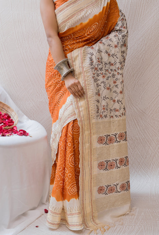 Tussar Kantha Embroidery Orange White Bandhej Saree