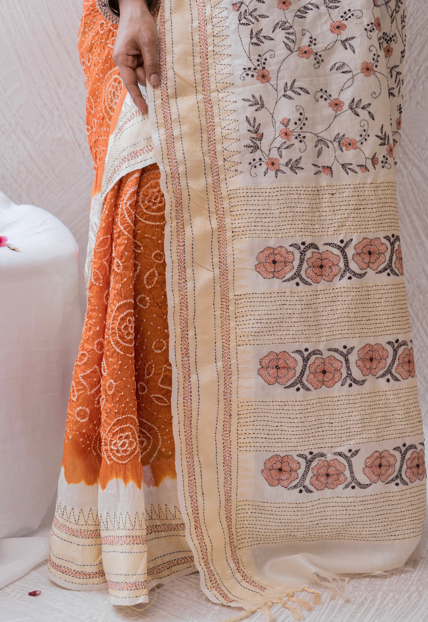Tussar Kantha Embroidery Orange White Bandhej Saree