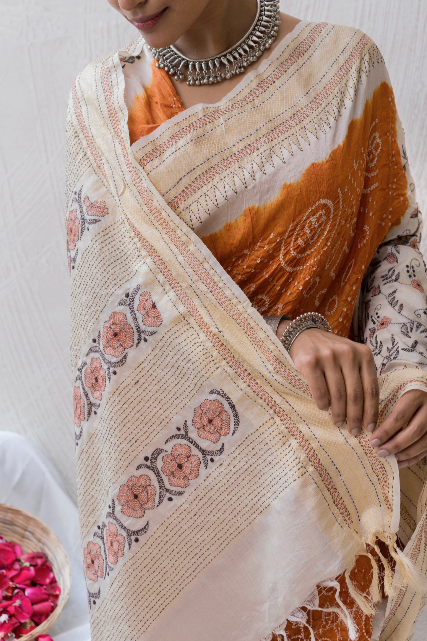 Tussar Kantha Embroidery Orange White Bandhej Saree