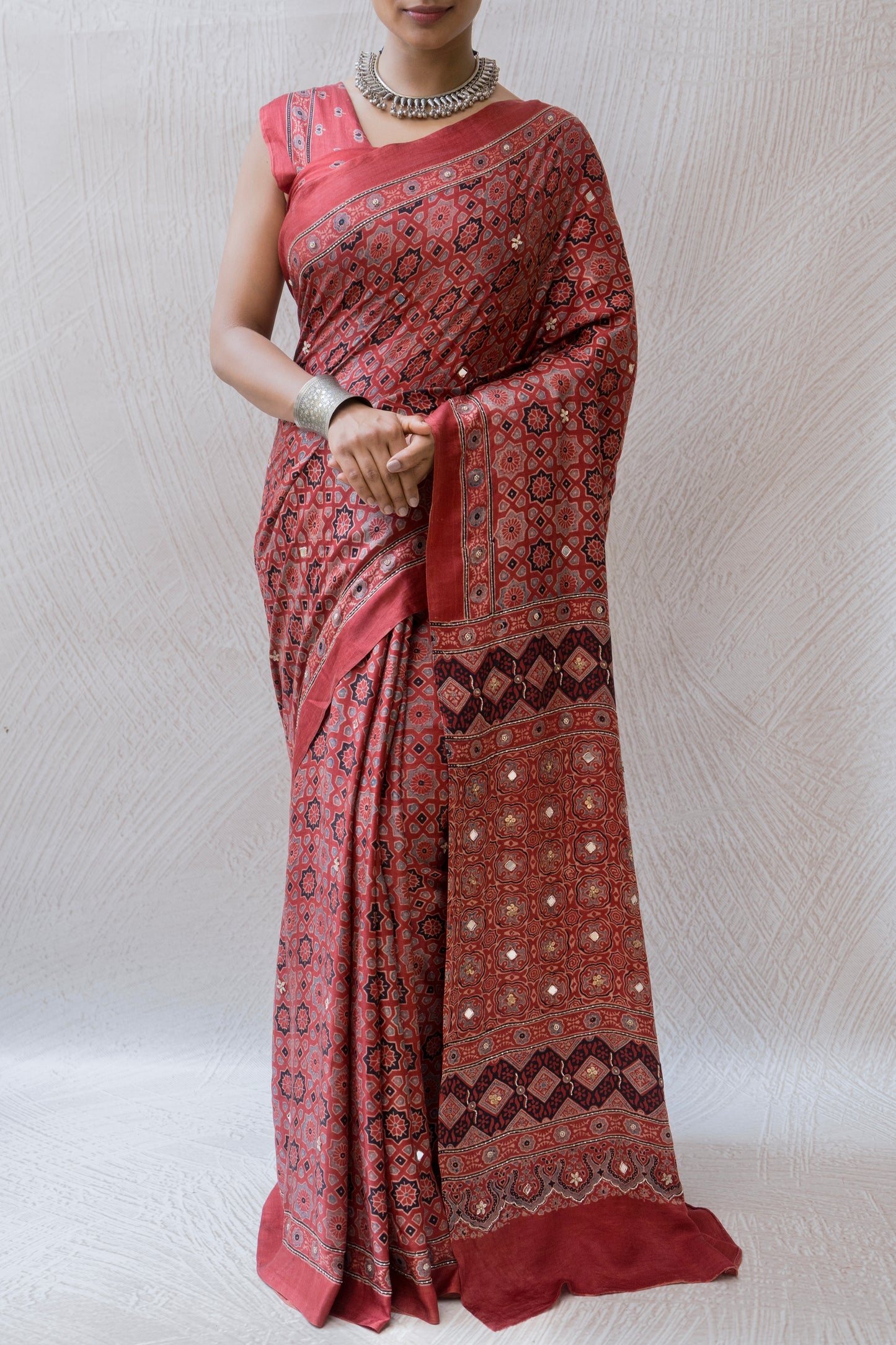 Embroidered Ajrakh Print Red Floral Gajji Saree